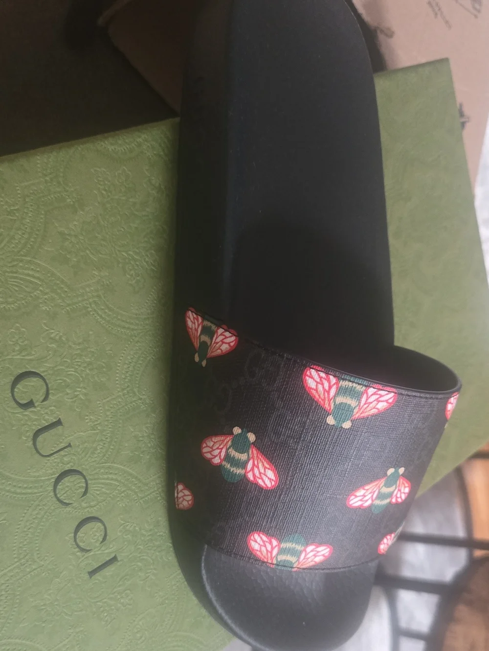 Gucci Black Slide Sandals with Red & Green Bee Print